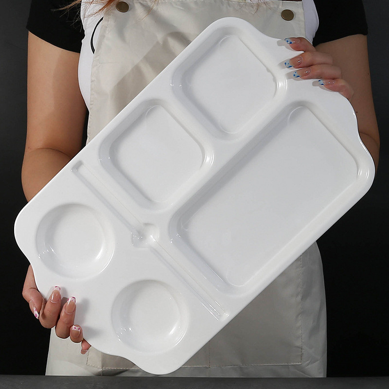 白色密胺餐盤學校食堂餐廳商用仿瓷塑膠多分格飯盤四格六格餐盤
