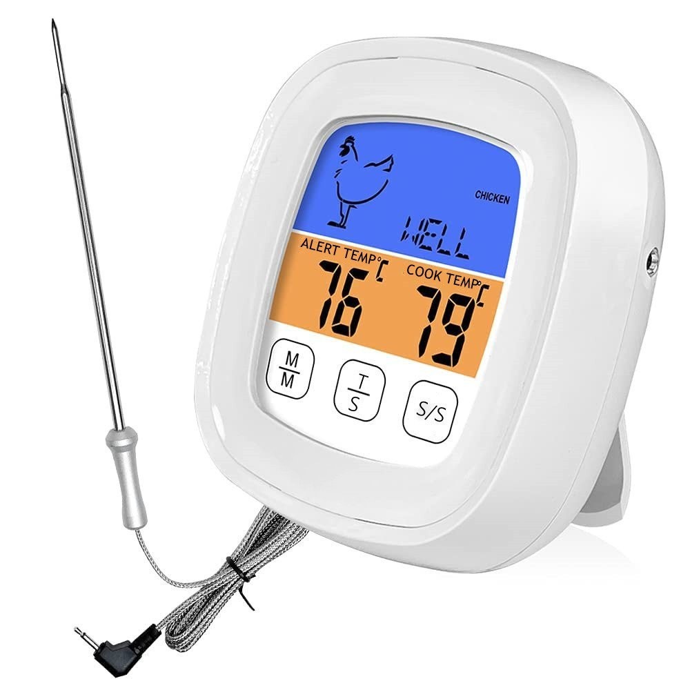電子烤肉溫度計 計時器 觸摸燒烤溫度計 廚房彩屏食品溫度計 肉類報警