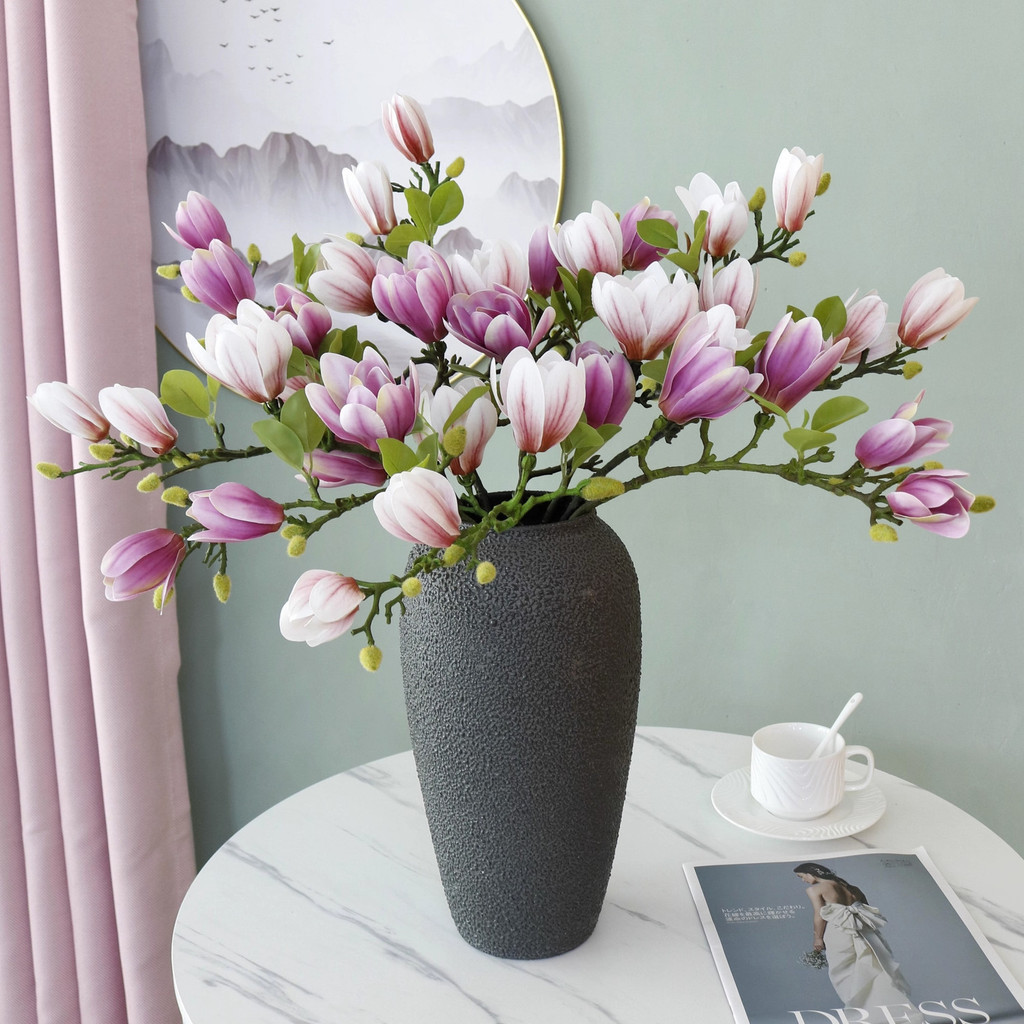 高檔玉蘭花仿真花束北歐風客廳臥室餐桌假花擺件裝飾花瓶插花絹花-…