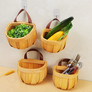 壁掛式手工編織儲物籃 - 廚房洋蔥薑蒜儲物盒 - 木質手持水果籃 - 客廳、陽台裝飾品 - 多用途花籃