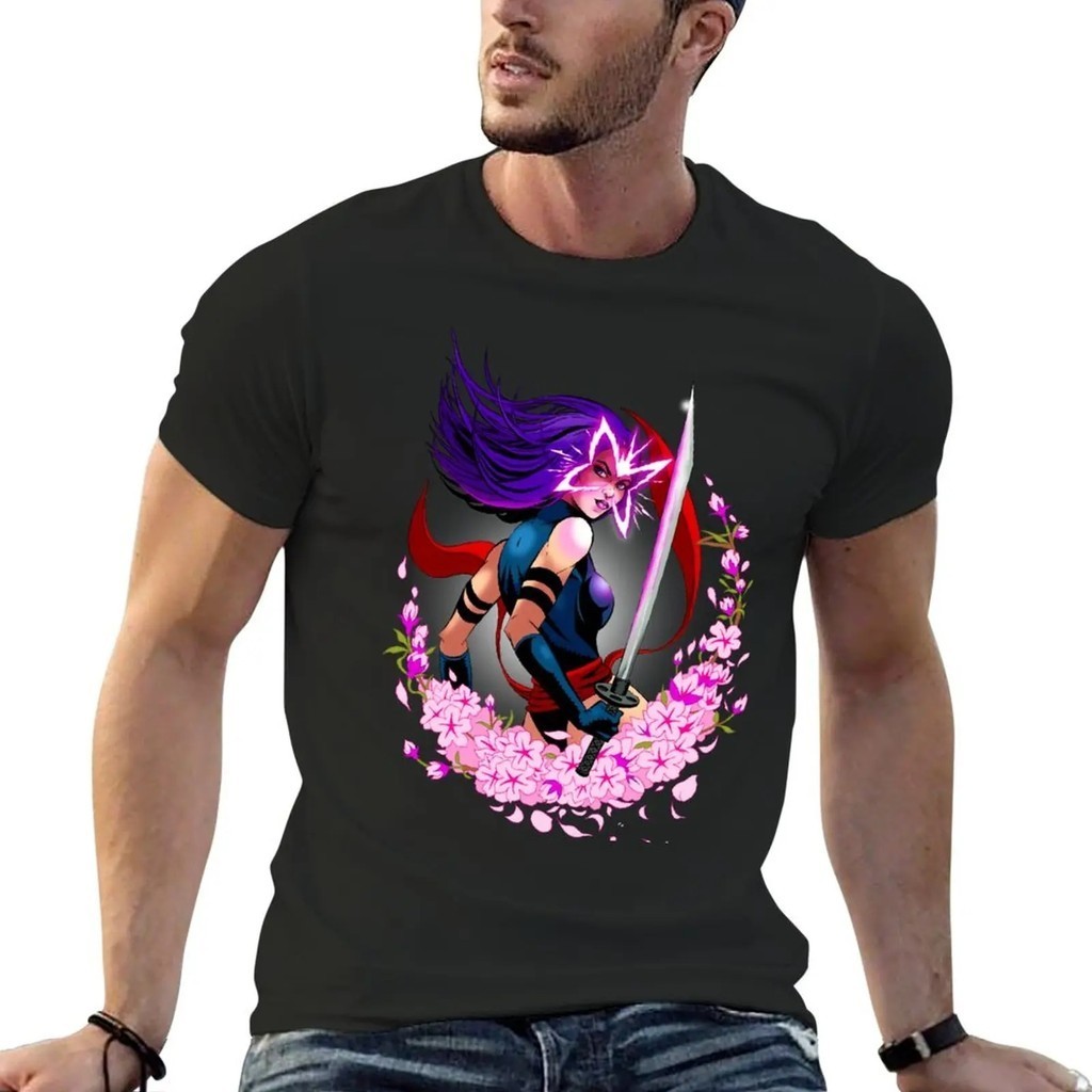 漫威X戰警X-men靈蝶Psylocke圖案印花男士百分百純棉圓領短袖T恤上衣