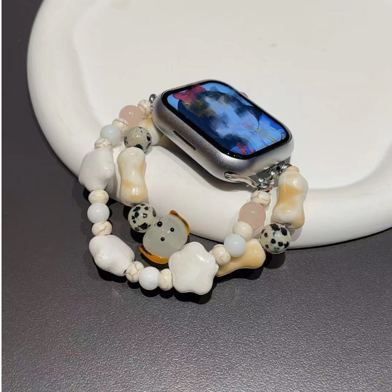 Apple Watch S9 8 7 6 5 錶帶 iwatch女士替換腕帶 20 22mm 陶瓷珠珠可愛小狗手鍊錶帶