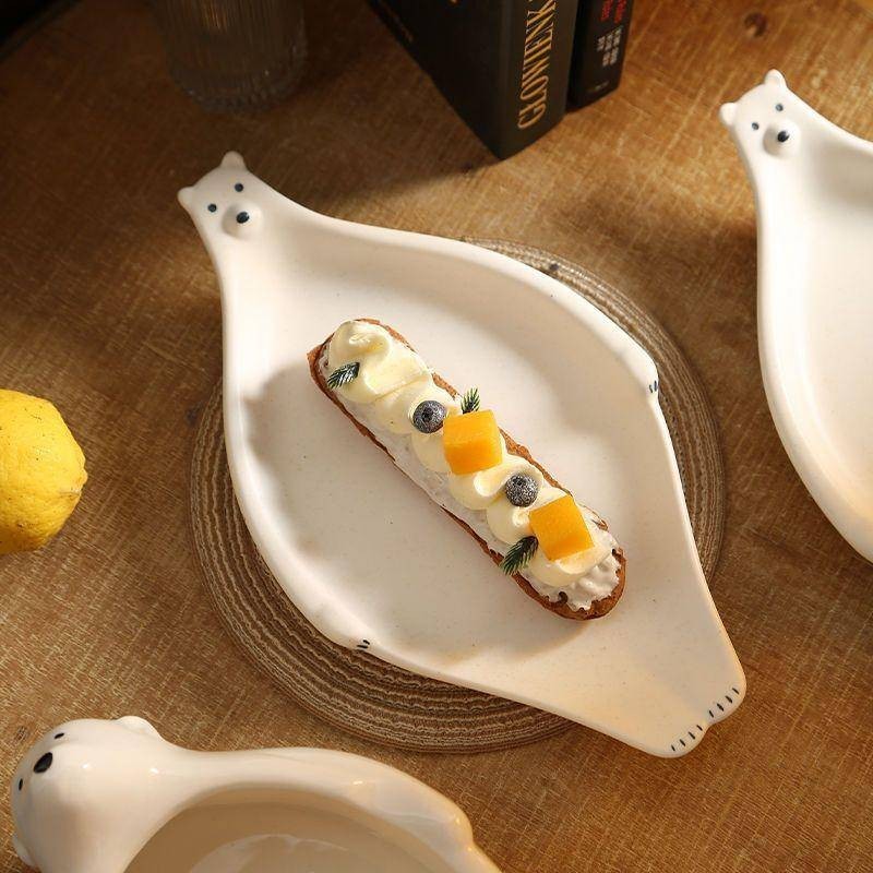 盤子日式可愛ins風高顏值早餐盤甜點盤 減肥點心盤 白色北極熊點心盤 餐盤 碗盤 廚房餐具 陶瓷餐盤
