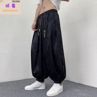【質量保證】新款熱賣 冰絲褲子男寬鬆闊腿燈籠褲夏季薄款大尺碼墜感運動褲國潮龍紋哈倫褲 韓版休閒長褲 大尺碼褲子
