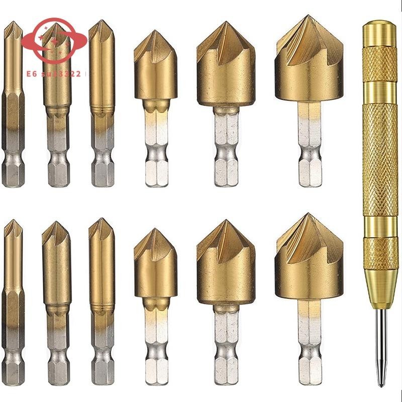 13 件埋頭鑽頭套裝沉頭鑽頭 1/4 英寸六角柄 5 刃沉頭中心沖頭工具