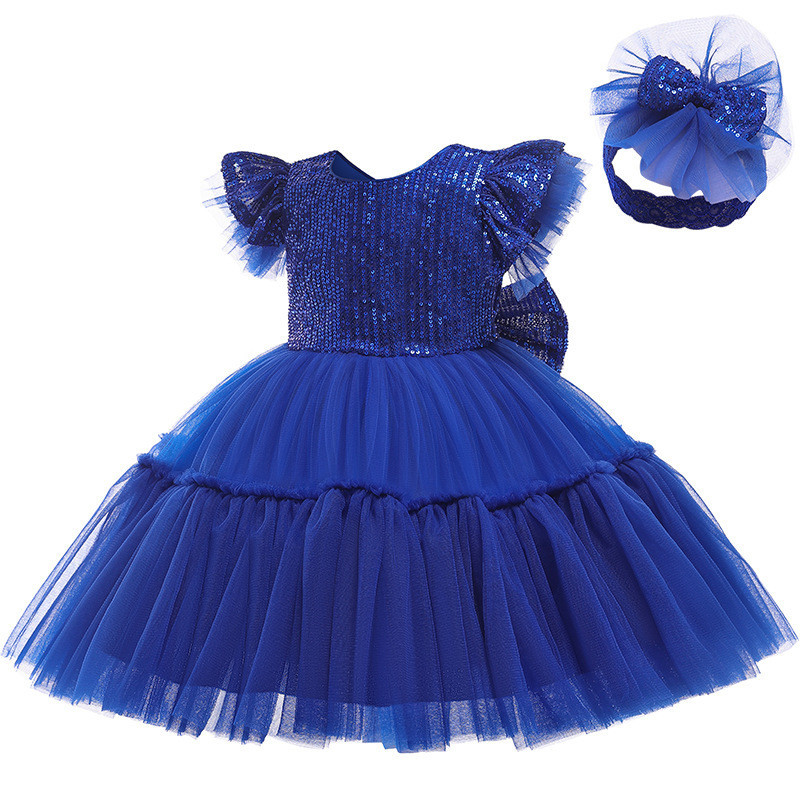 亞馬遜款童裝童裙亮片小飛袖耶誕禮服裙紗裙兒童洋裝kids dress D0795淺藍 100cm