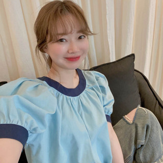 【Dou.U】韓國 洋裝 襯衫 法式 泡泡袖 女短袖 上衣 棉質 甜美 顯瘦 可愛 氣質 寬鬆 春夏 小眾 設計感 藍色
