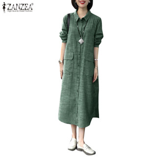 Zanzea 女式韓版休閒條紋長袖口袋鈕扣襯衫裙