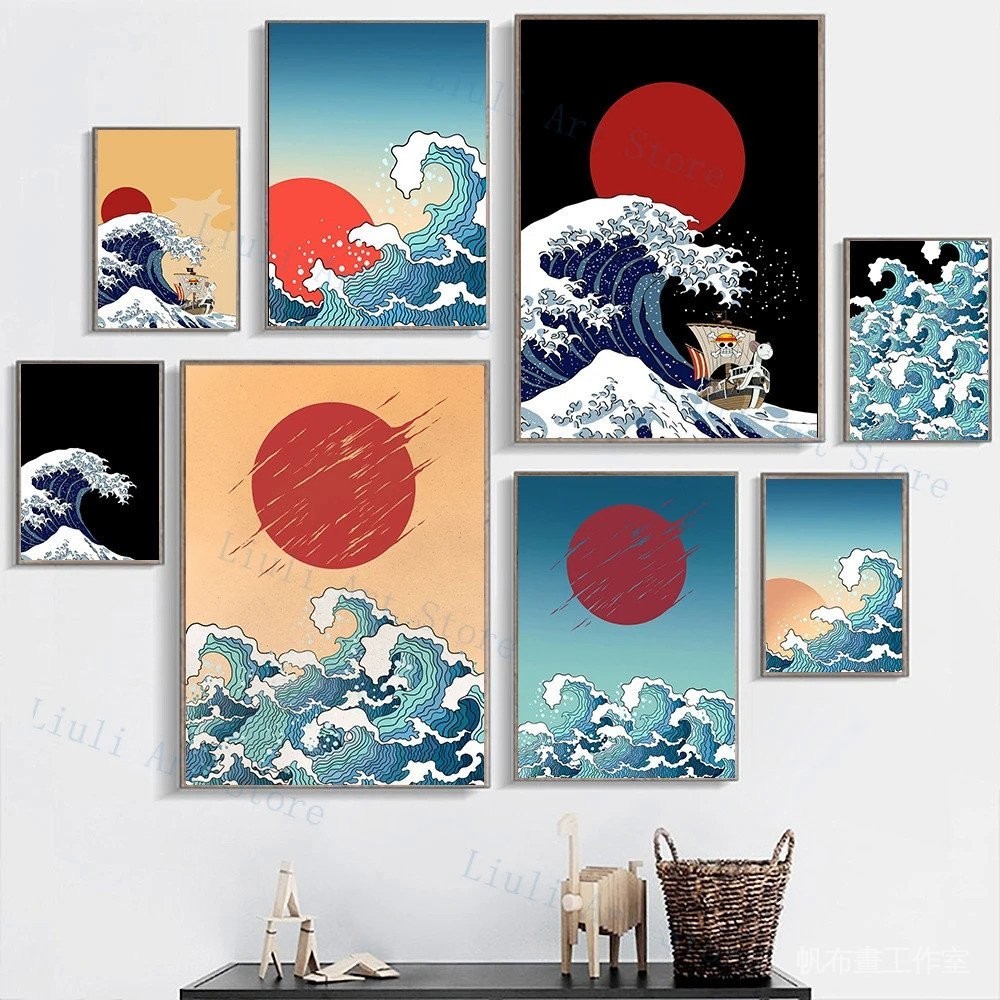 復古日本風景波浪神奈川帆布繪畫牆壁藝術圖片海報和印刷品適用於客廳東方家居裝飾