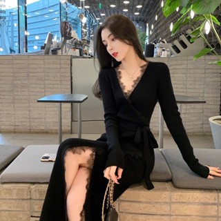 【敏敏潮流衣館】小香風時尚開叉羅紋洋裝女裝新款性感氣質緊身黑色裙子