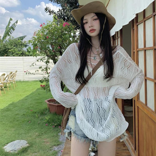 辣妹鏤空V領針織衫女夏季薄款設計感小眾寬鬆防曬罩衫長袖t恤上衣