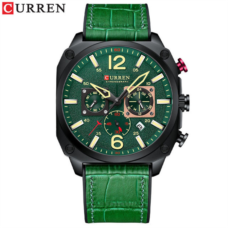 CURREN品牌 8398 皮帶綠表 小三針 計時 日曆 石英 男士手錶