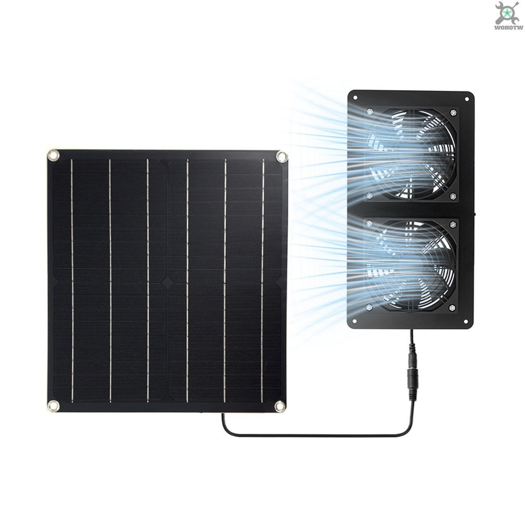 Wohotw 太陽能風扇、20W 太陽能電池板和雙排氣扇套件、用於雞舍、溫室、狗屋、棚子、閣樓的太陽能電池板風扇套件