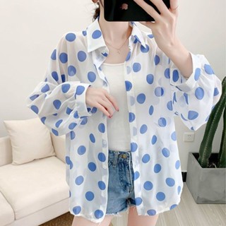 大碼200斤胖MM波點雪紡防曬衣女夏新款韓版薄款寬松襯衫小外套ins 韓系襯衫 長袖襯衫女 修身襯衫 大尺碼襯衫