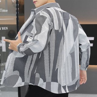 韓版 帥氣 長袖 襯衫 男士 2023 秋季 條紋 復古 工裝 襯衣 青年 休閒 寬鬆 外套
