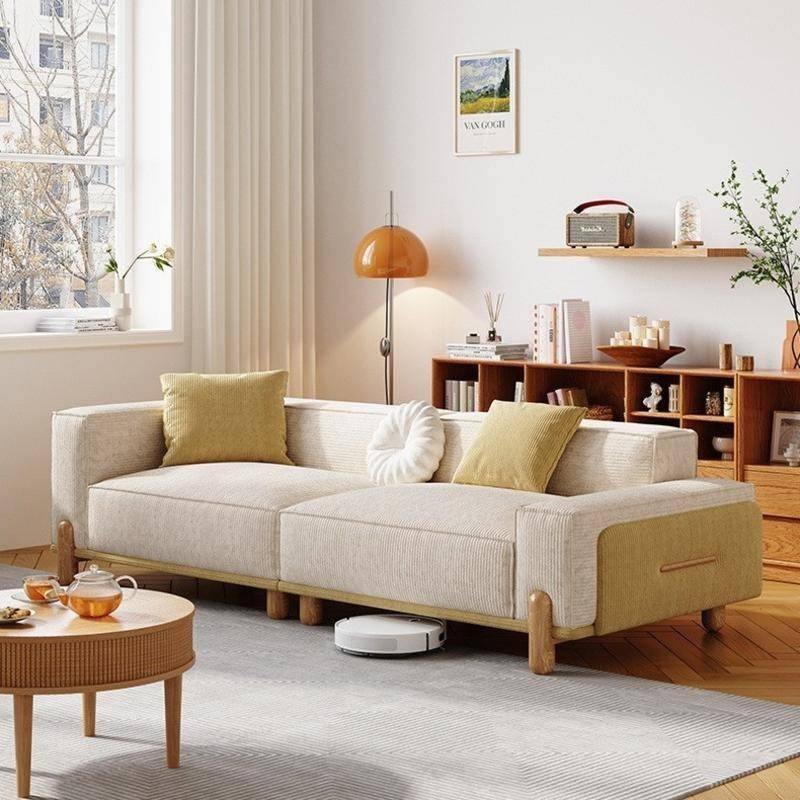 「山野」日式原木風布藝沙發客廳小戶型現代簡約直排三人位拼色豆腐塊沙發