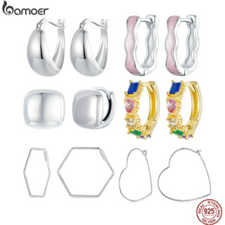 Bamoer 925 純銀重金屬心形六角粉色方形簡約圈形耳環女士派對高階珠寶禮物