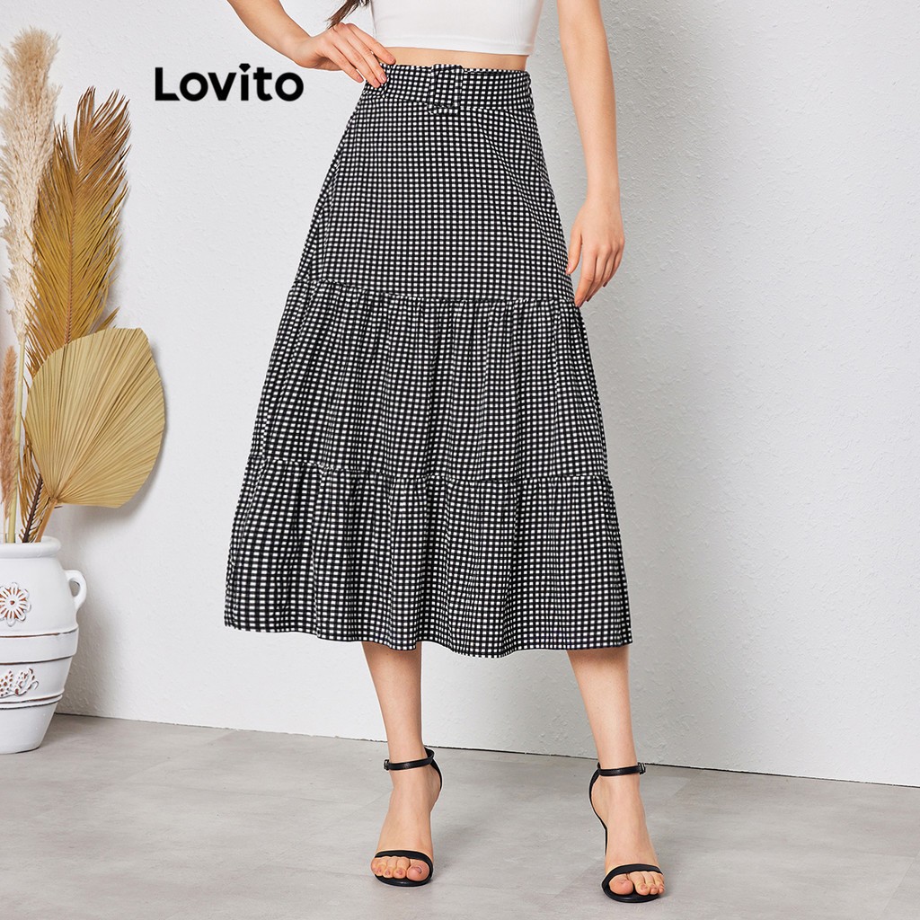 Lovito 女用休閒格紋搭配腰帶疊層短裙 LBL08077(多色的）