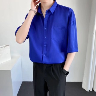 冰絲襯衫男 M-3XL 夏季ins小眾設計感襯衫男 韓系穿搭 寬鬆克萊因藍上衣潮