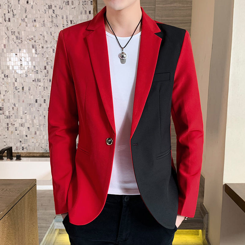 韓版潮流緊身西裝春秋青年單西便服英倫黑紅拼色小西裝 帥氣外套 男 髮型師西裝外套