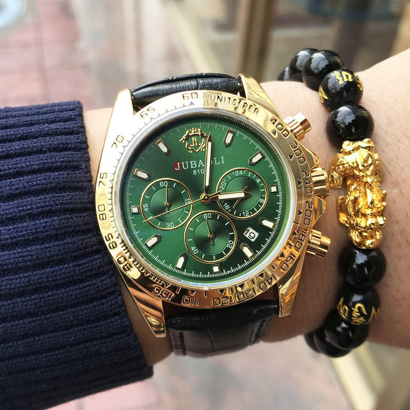 新款金勞防水高級皮帶綠水鬼手錶男女綠錶盤男士皮綠水怪非機械錶男士腕錶