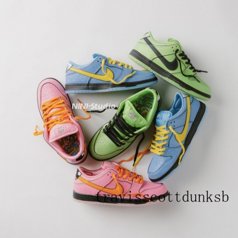 Powerpuff Girls x Dunk SB Low 綠黑 藍黃 粉 情侶鞋 FZ8319-300