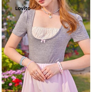 Lovito 女士可愛素色拼接蕾絲 T 恤 LSL01029