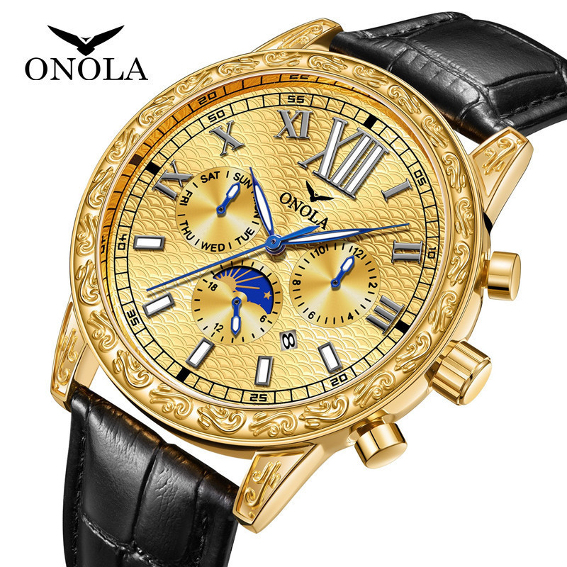 新款ONOLA男士手錶 時尚多功能全自動機械真皮男士手錶  ON6834