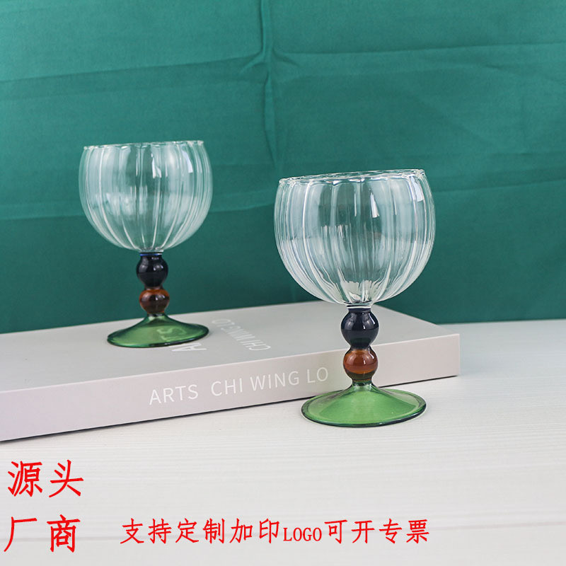 高顏值耐熱玻璃杯彩色豎紋紅酒杯珠珠球杯透明杯高腳杯！