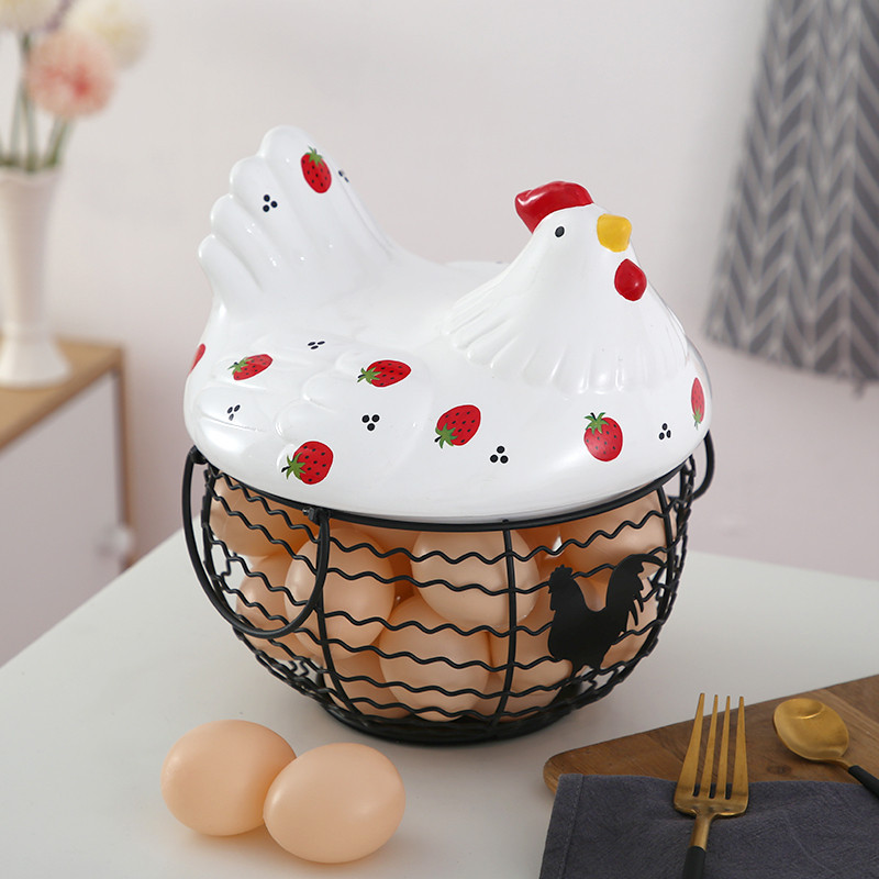 草莓母雞收納籃鐵藝籃陶瓷雞蛋籃客廳水果置物籃廚房北歐裝飾品-five0328