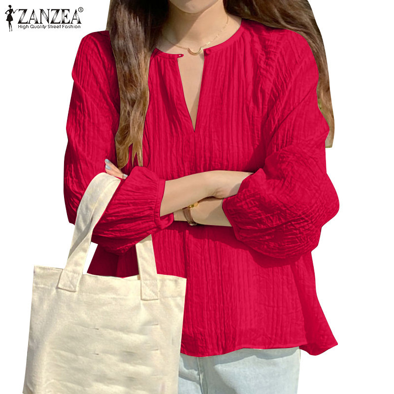 Zanzea 女式韓版休閒 V 領燈籠袖純色優雅襯衫