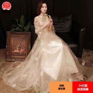 大尺碼中式晚禮服高中畢業禮服百搭必備款高階氣質宴會伴娘主持人輕奢小眾裙藝考主持人會洋裝長袖高階感秋冬禮服百搭必備款