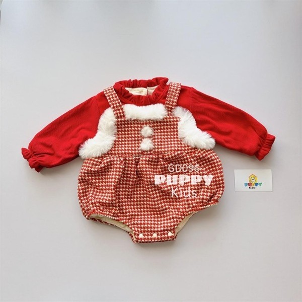 (GD096) 嬰兒紅色連帽衫(小狗) Rom 帶格子圍兜,秋冬。