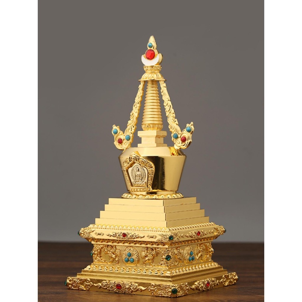 舍利塔佛塔裝藏舍利子嘎烏盒高17釐米鋅銅合金鎏金藏式擺件菩提塔