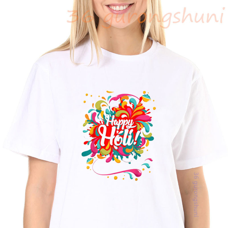 夏季上衣 t 恤 t 恤 Dhaarmik Happy Holi 印第安人禮物 t 恤復古 t 恤女裝女士短袖