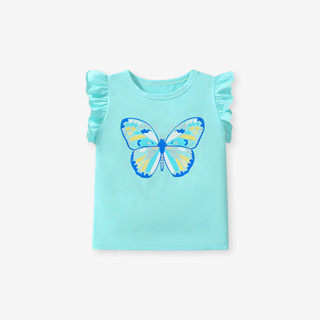 青色蝴蝶卡通水印女童T恤夏季純棉兒童短袖上衣