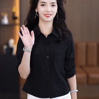 時尚氣質polo領襯衫女早秋季新款長袖百搭顯瘦短款小個子洋氣襯衣 顯瘦長袖襯衫 遮肉上衣 大碼女裝