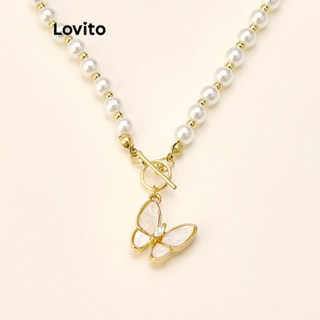 Lovito 迷人素色珍珠蝴蝶 14K 金貝母 Ot 扣項鍊女式 LFA78123