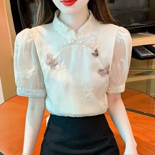 國風上衣女旗袍領雪紡襯衫女裝夏季新中式短袖上衣