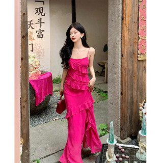 ❤️現貨❤️ 度假風洋裝 大紅色 顯白連衣裙 氛圍感連身裙 長款拖地裙 魚尾裙