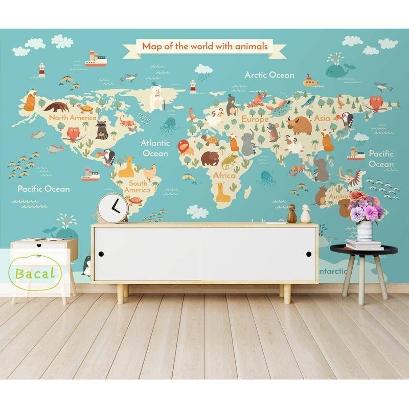 定制兒童房牆壁3d壁紙卡通飛機帆船動物世界地圖背景牆壁畫-壁紙