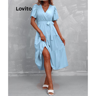 Lovito 女款波西米亞素色抽繩洋裝 LNL34065 (淺藍色/玫紅色/綠色/黑色)