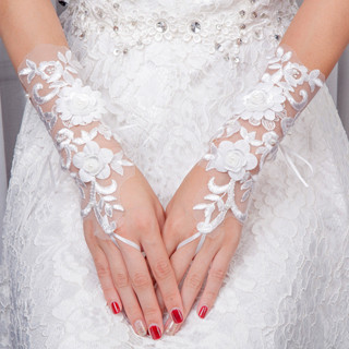 婚紗禮服手套 露手背蕾絲花朵 結婚手套中長款 禮儀拍照 1052