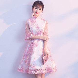中式晚禮服2024新款夏季短版伴娘服日常長袖改良旗袍小禮服洋裝