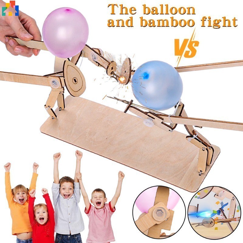 Diy木製機器人穿孔氣球對戰遊戲適合2人/氣球竹人快節奏對決遊戲