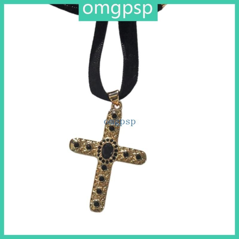 Omg 復古黑色寶石十字架吊墜項鍊氣質天鵝絨頸鍊