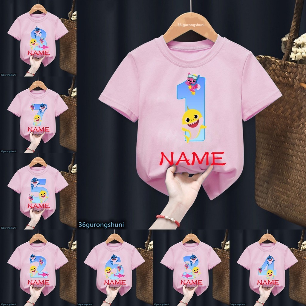 粉色衣服 2024 主題鯊魚寶寶 T 恤卡通印花生日快樂 1-9 號自定義名稱兒童 T 恤上衣禮物男孩女孩衣服短袖 T