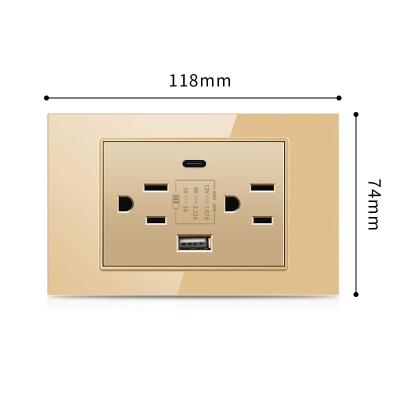 PSSRISE 118型G18系列 電燈開關 金色強化玻璃面板 防刮花 20W 快充 USB插座 110V 兩年保固