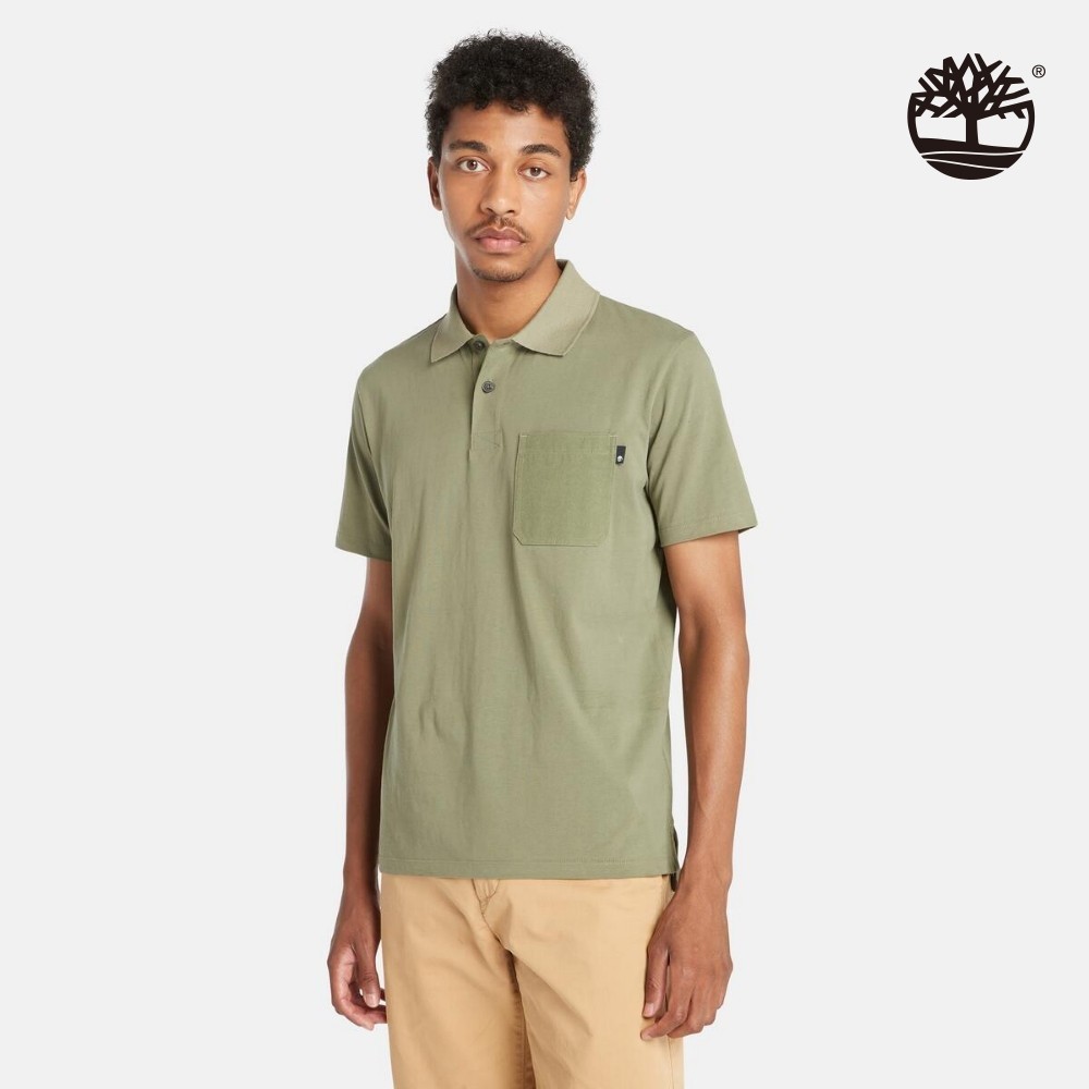 Timberland 男款灰綠色口袋Polo衫|A5QJ6590