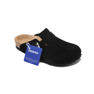 BIRKENSTOCK 【原創】勃肯波士頓男/女經典軟木鞋頭黑色麂皮防毛皮拖鞋涼鞋 34-46